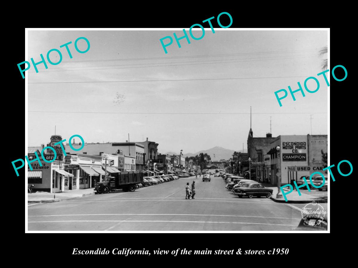 OLD LARGE HISTORIC PHOTO ESCONDIDO CALIFORNIA, THE MAIN ST & STORES c1950