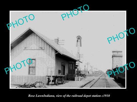 OLD LARGE HISTORIC PHOTO OF ROSE LAWN INDIANA, THE RAILROAD DEPOT STATION c1910