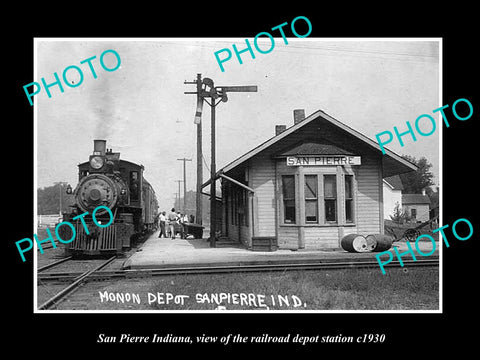 OLD LARGE HISTORIC PHOTO OF SAN PIERRE INDIANA, THE RAILROAD DEPOT STATION c1930