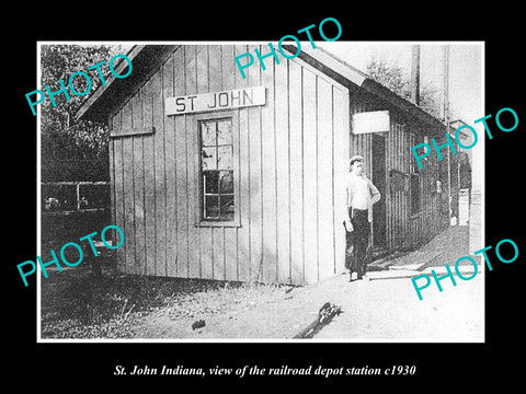 OLD LARGE HISTORIC PHOTO OF St JOHN INDIANA, THE RAILROAD DEPOT STATION c1930