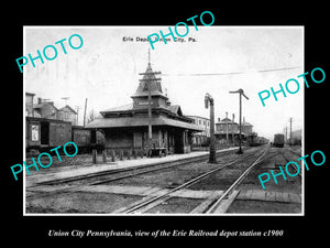 OLD LARGE HISTORIC PHOTO OF UNION CITY PENNSYLVANIA, ERIE RAILROAD DEPOT c1900