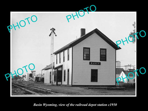 OLD LARGE HISTORIC PHOTO OF BASIN WYOMING, THE RAILROAD DEPOT STATION c1950