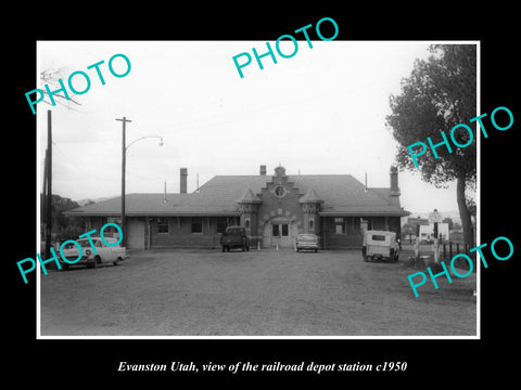 OLD LARGE HISTORIC PHOTO OF EVANSTON UTAH, THE RAILROAD DEPOT STATION c1950 2