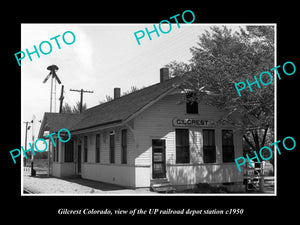 OLD LARGE HISTORIC PHOTO OF GILCREST COLORADO, THE RAILROAD DEPOT STATION c1950