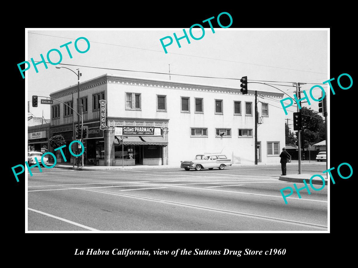 OLD LARGE HISTORIC PHOTO OF LA HABRA CALIFORNIA, THE SUTTONS DRUG STORE c1960