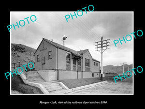 OLD LARGE HISTORIC PHOTO OF MORGAN UTAH, THE RAILROAD DEPOT STATION c1930