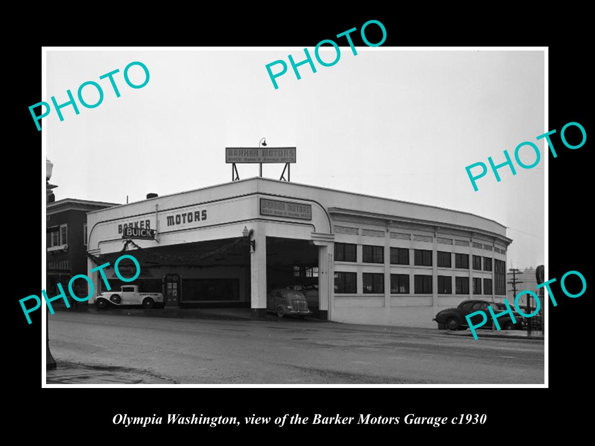 OLD LARGE HISTORIC PHOTO OF OLYMPIA WASHINGTON, THE BARKER MOTOR GARAGE c1930