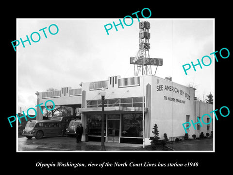 OLD LARGE HISTORIC PHOTO OF OLYMPIA WASHINGTON, NORTH COAST BUS DEPOT c1940