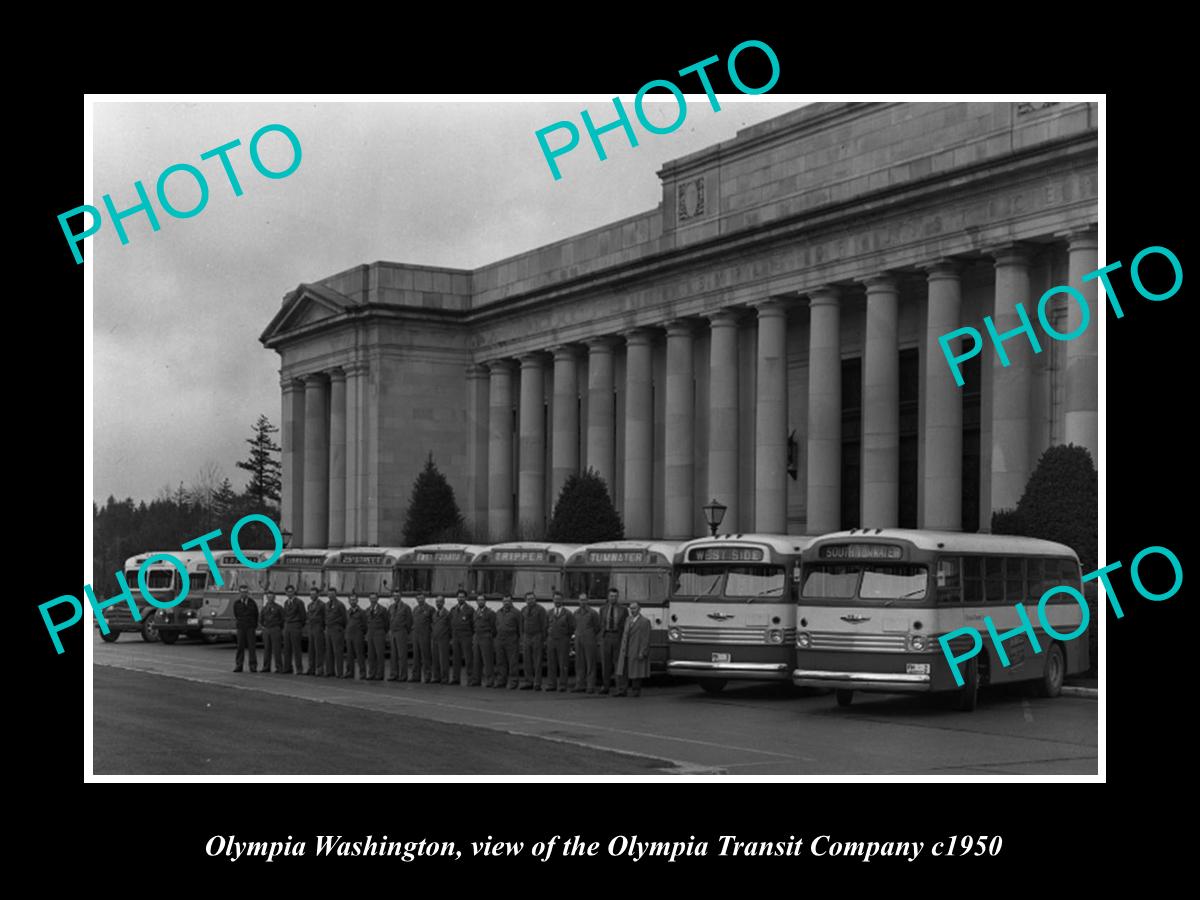 OLD LARGE HISTORIC PHOTO OF OLYMPIA WASHINGTON, TRANSIT Co BUS FLEET c1950