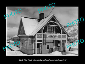 OLD LARGE HISTORIC PHOTO OF PARK CITY UTAH, THE RAILROAD DEPOT STATION c1950