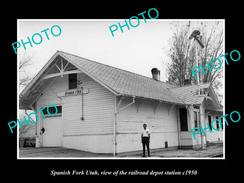 OLD LARGE HISTORIC PHOTO OF SPANISH FORK UTAH, THE RAILROAD DEPOT STATION c1950