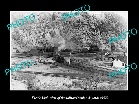 OLD LARGE HISTORIC PHOTO OF THISTLE UTAH, THE RAILROAD DEPOT & YARDS c1920