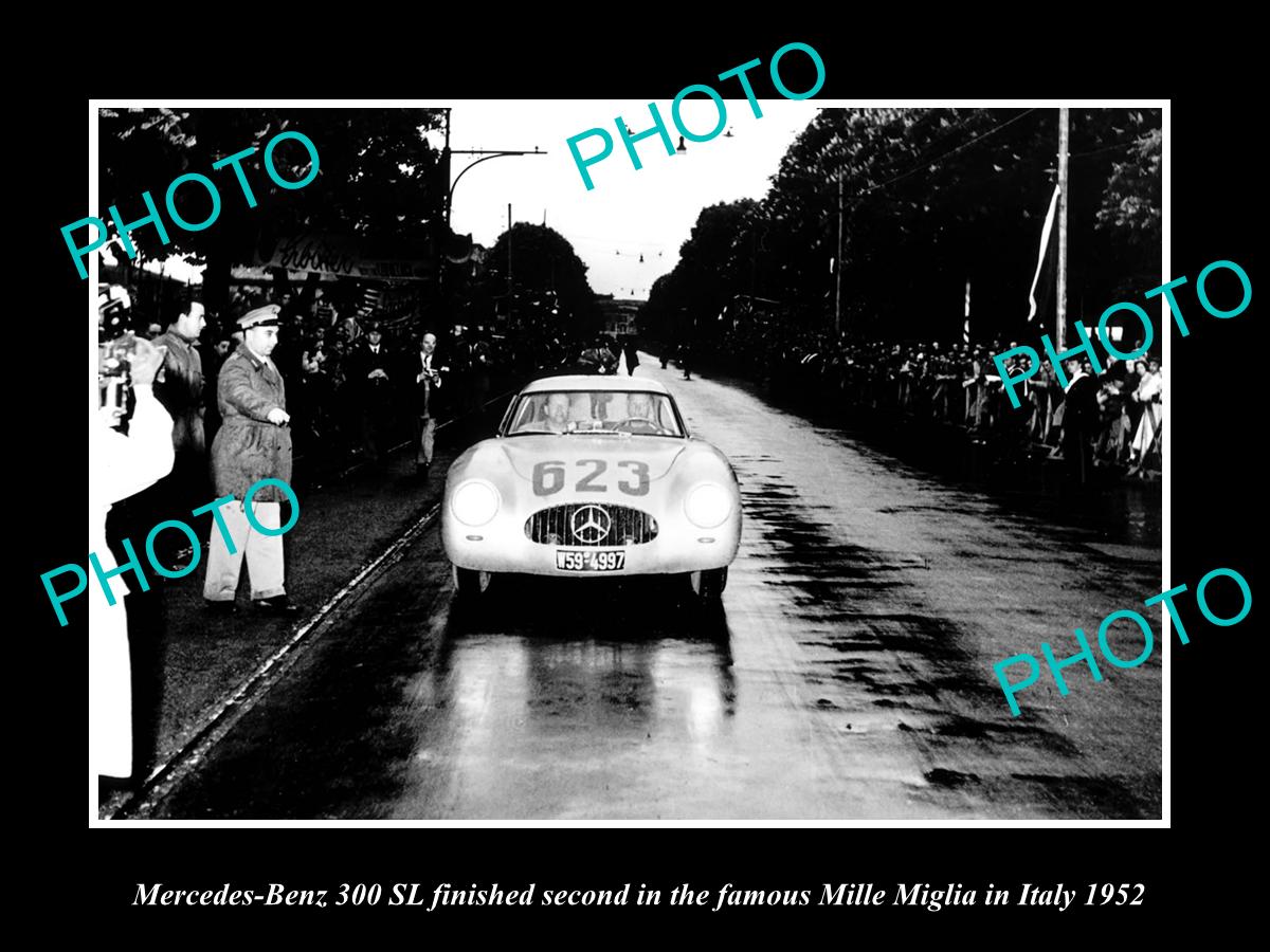 OLD LARGE HISTORIC PHOTO MERCEDES BENZ 300 SL RACE CAR 1952, MILLE MIGLIA