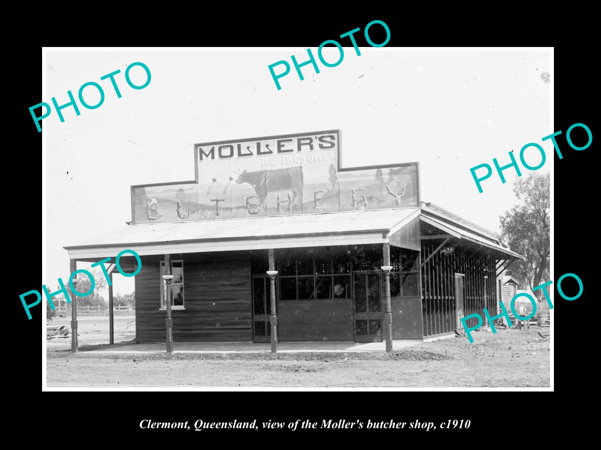 OLD LARGE HISTORIC PHOTO OF CLERMONT QUEENSLAND, THE MOLLERS BUTCHER SHOP c1910