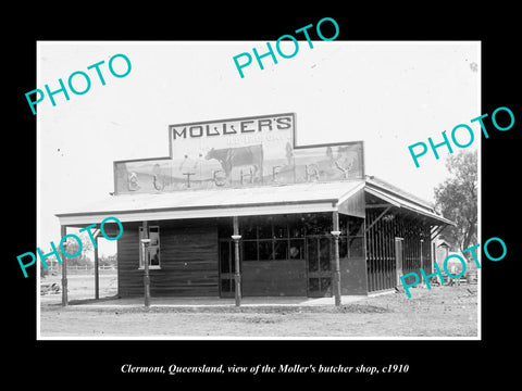 OLD LARGE HISTORIC PHOTO OF CLERMONT QUEENSLAND, THE MOLLERS BUTCHER SHOP c1910