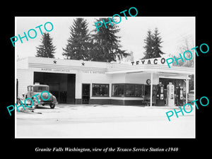 OLD LARGE HISTORIC PHOTO OF GRANITE FALLS WASHINGTON, TEXACO GAS STATION c1940