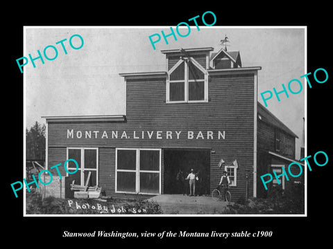 OLD LARGE HISTORIC PHOTO OF STANWOOD WASHINGTON, THE MONTANA HORSE STABLES c1900