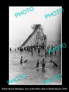 OLD LARGE HISTORIC PHOTO OF TOLEDO BEACH MICHIGAN, VIEW OF THE WATER SLIDE c1910