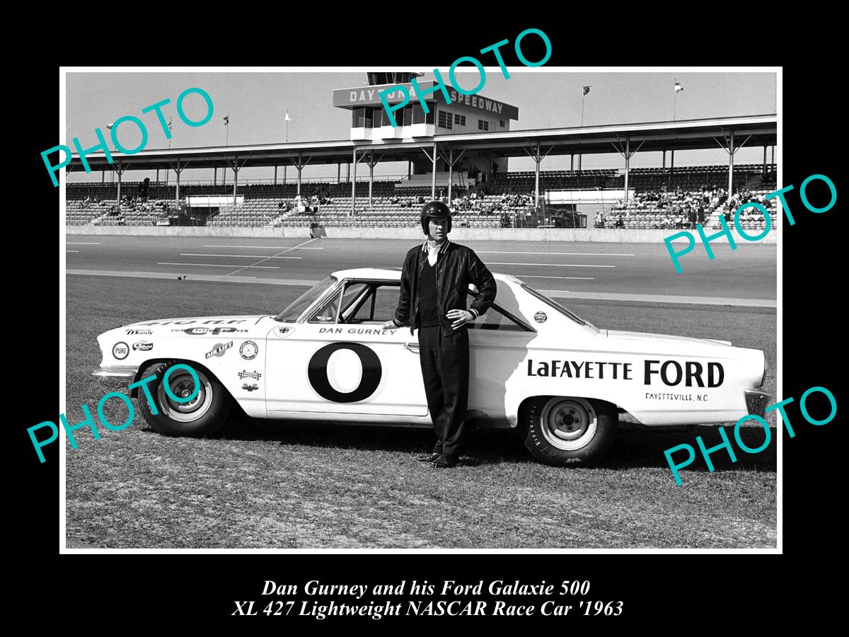 OLD LARGE HISTORIC PHOTO OF DAN GURNEY & HIS FORD GALAXIE NASCAR c1963, DAYTONA