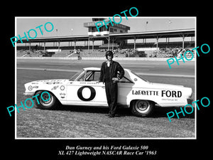 OLD LARGE HISTORIC PHOTO OF DAN GURNEY & HIS FORD GALAXIE NASCAR c1963, DAYTONA