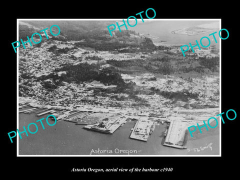 OLD LARGE HISTORIC PHOTO OF ASTORIA OREGON, AERIAL VIEW OF THE HARBOR c1940