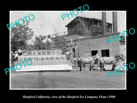 OLD LARGE HISTORIC PHOTO OF HANFORD CALIFORNIA, THE ICE COMPANY FLOAT c1900