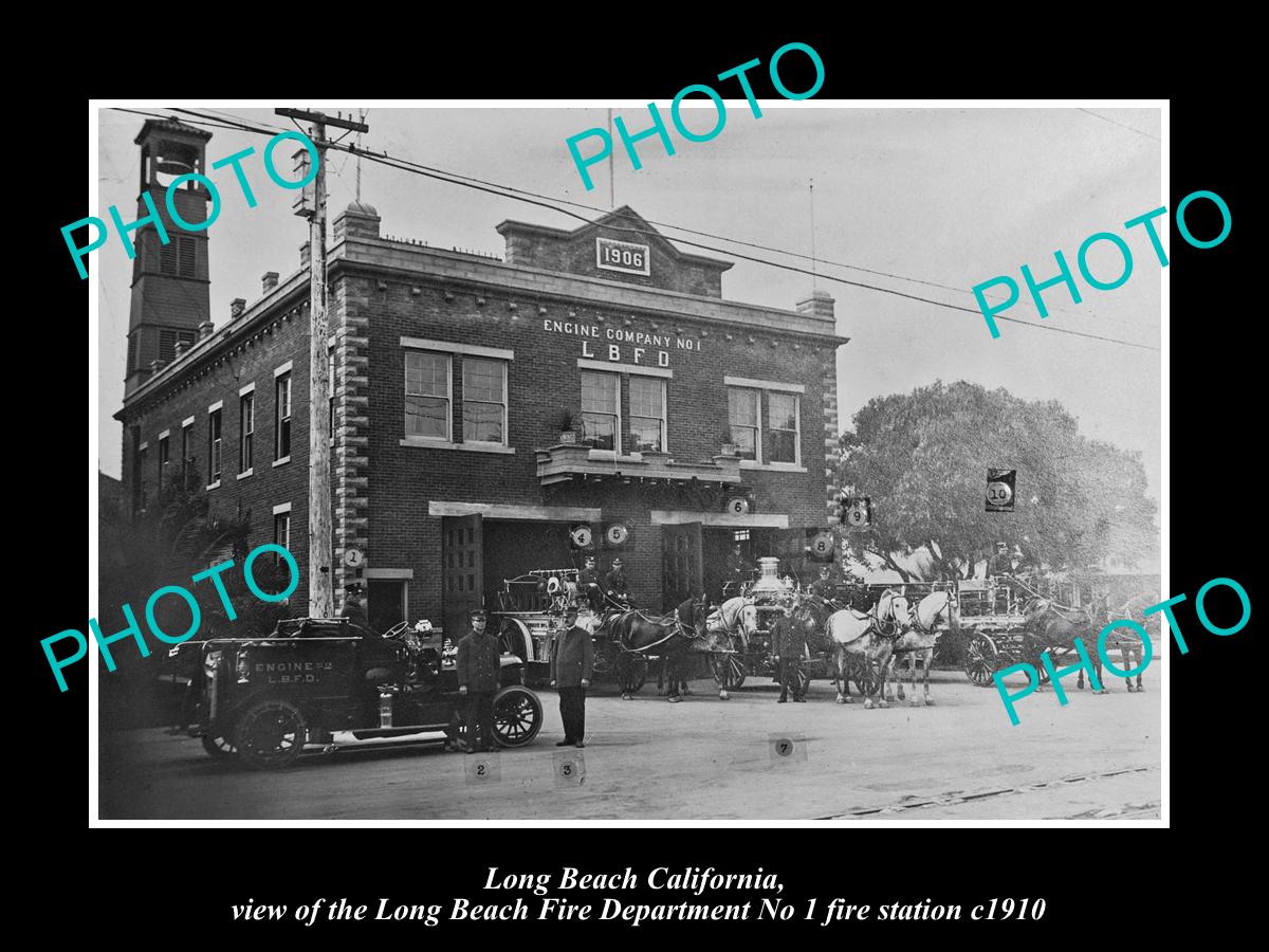 OLD HISTORIC PHOTO OF LONG BEACH FIRE DEPARTMENT, CALIFORNIA, No 1 STATION c1910