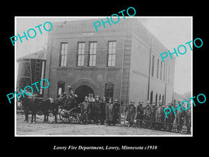 OLD LARGE HISTORIC PHOTO LOWRY MINNESOTA, THE TOWN FIRE CREW & PUMP c1900