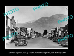 OLD LARGE HISTORIC PHOTO OF UPLAND CALIFORNIA, VIEW OF 2nd AVE & STORES c1940