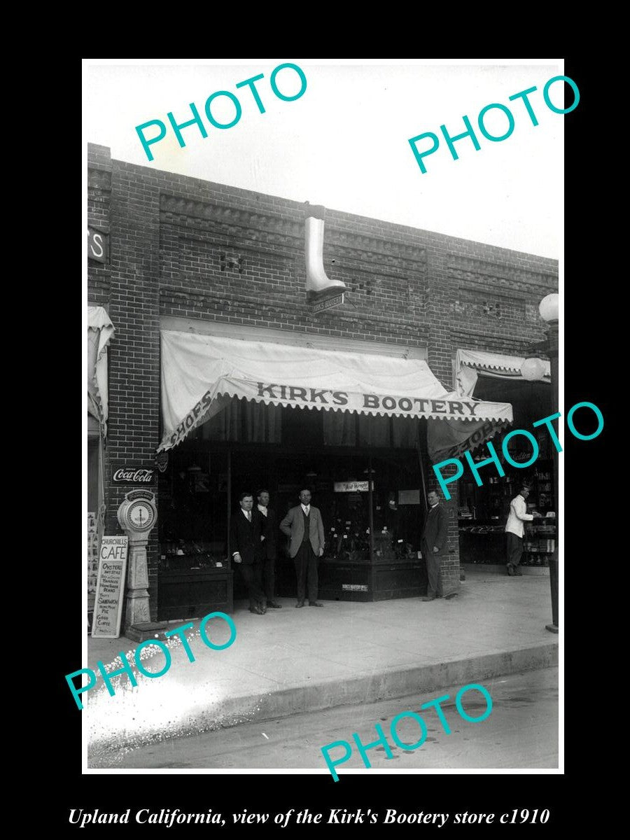 OLD LARGE HISTORIC PHOTO OF UPLAND CALIFORNIA, THE KIRKS BOOTERY STORE c1910