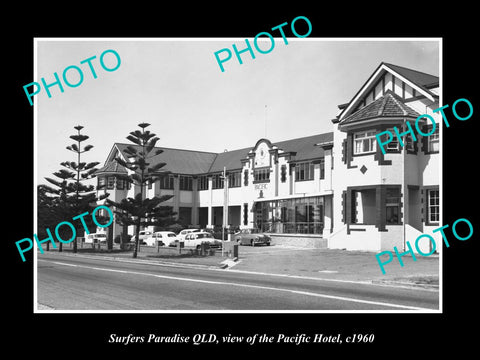 OLD LARGE HISTORIC PHOTO OF SURFERS PARADISE QLD, VIEW OF THE PACIFIC HOTEL 1960