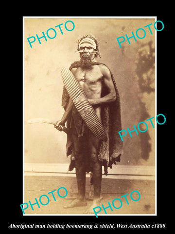 OLD LARGE HISTORIC PHOTO OF ABORIGINAL MAN WITH BOOMERANG & SHIELD, WA c1880