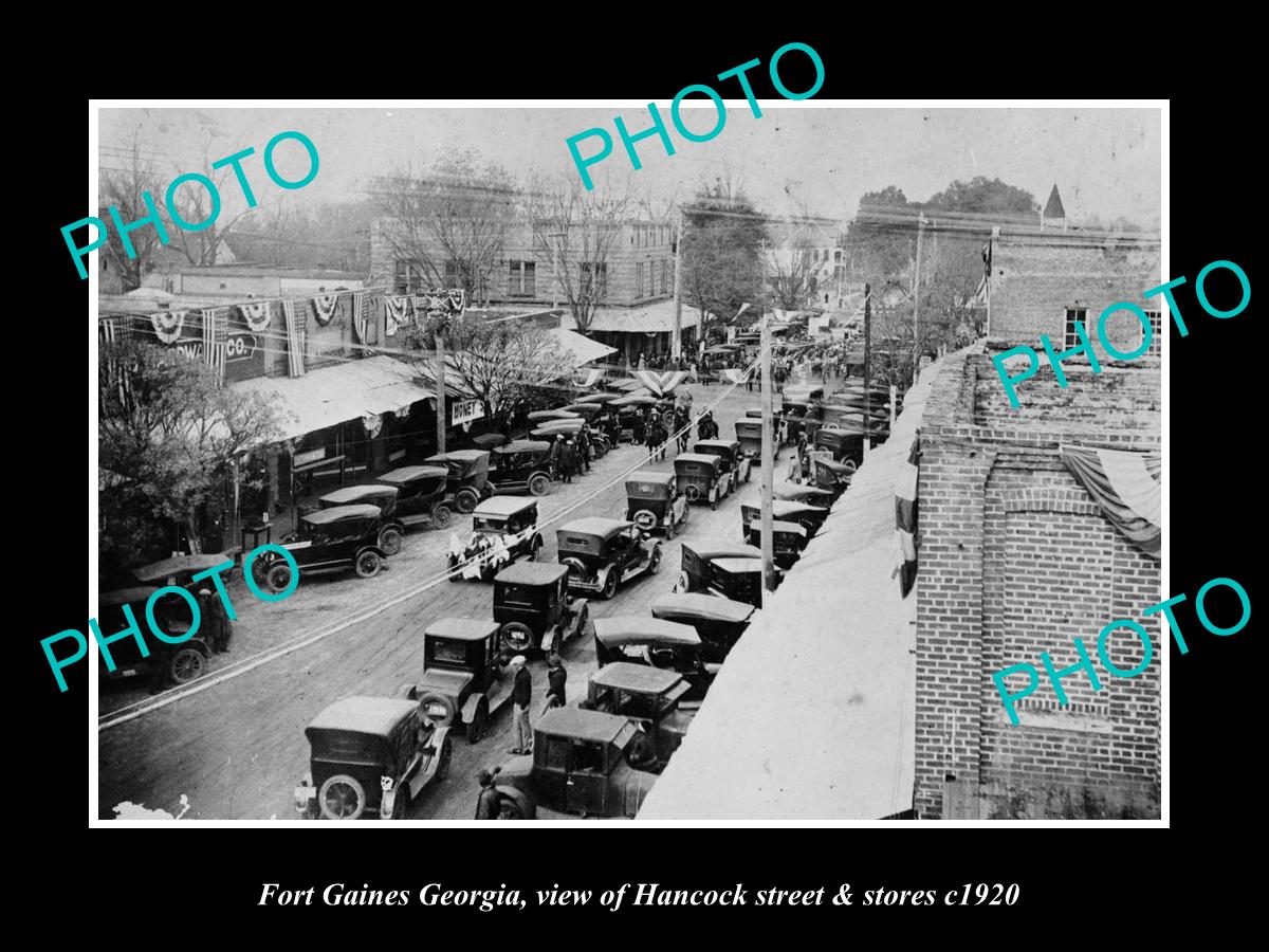 OLD LARGE HISTORIC PHOTO OF FORT GAINES GEORGIA, VIEW OF HANCOCK & STORES c1920