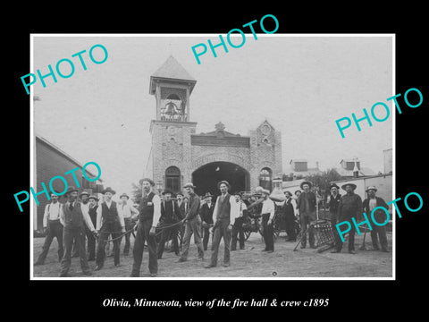 OLD LARGE HISTORIC PHOTO OLIVIA MINNESOTA, THE TOWN FIRE HALL & CREW c1895