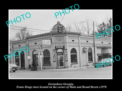 OLD LARGE HISTORIC PHOTO OF GREENSBORO GEORGIA, THE EVANS DRUG STORE c1970