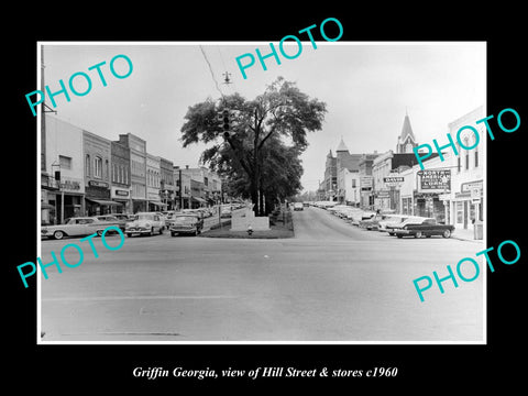 OLD LARGE HISTORIC PHOTO OF GRIFFIN GEORGIA, VIEW OF HILL St & STORES c1960