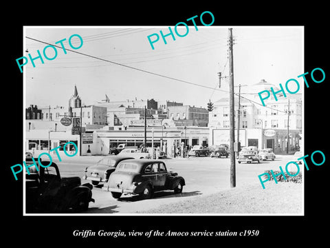 OLD LARGE HISTORIC PHOTO OF GRIFFIN GEORGIA, VIEW OF AMOCO SERVICE STATION c1950