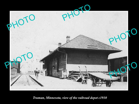 OLD LARGE HISTORIC PHOTO TRUMAN MINNESOTA, THE RAILROAD DEPOT STATION c1910