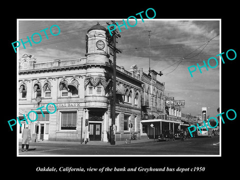 OLD LARGE HISTORIC PHOTO OF OAKDALE CALIFORNIA, THE BANK & GREYHOUND DEPOT c1950