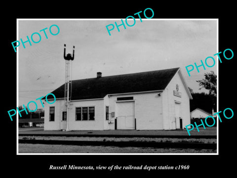 OLD LARGE HISTORIC PHOTO OF RUSSELL MINNESOTA, THE RAILROAD DEPOT c1960