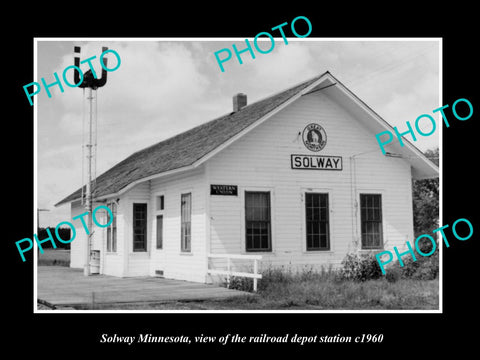 OLD LARGE HISTORIC PHOTO OF SOLWAY MINNESOTA, THE RAILROAD DEPOT c1960