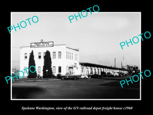 OLD LARGE HISTORIC PHOTO OF SPOKANE WASHINGTON, THE RAILROAD FREIGHT DEPOT c1960