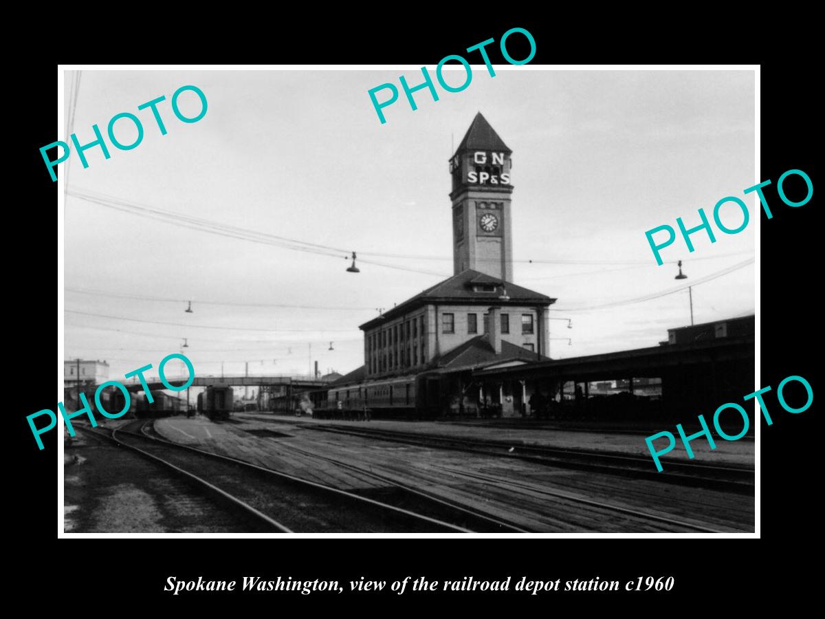 OLD LARGE HISTORIC PHOTO OF SPOKANE WASHINGTON, THE RAILROAD DEPOT STATION c1960