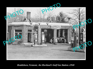 OLD LARGE HISTORIC PHOTO BATTLEBORO VERMONT, THE GULF OIL GAS STATION c1940