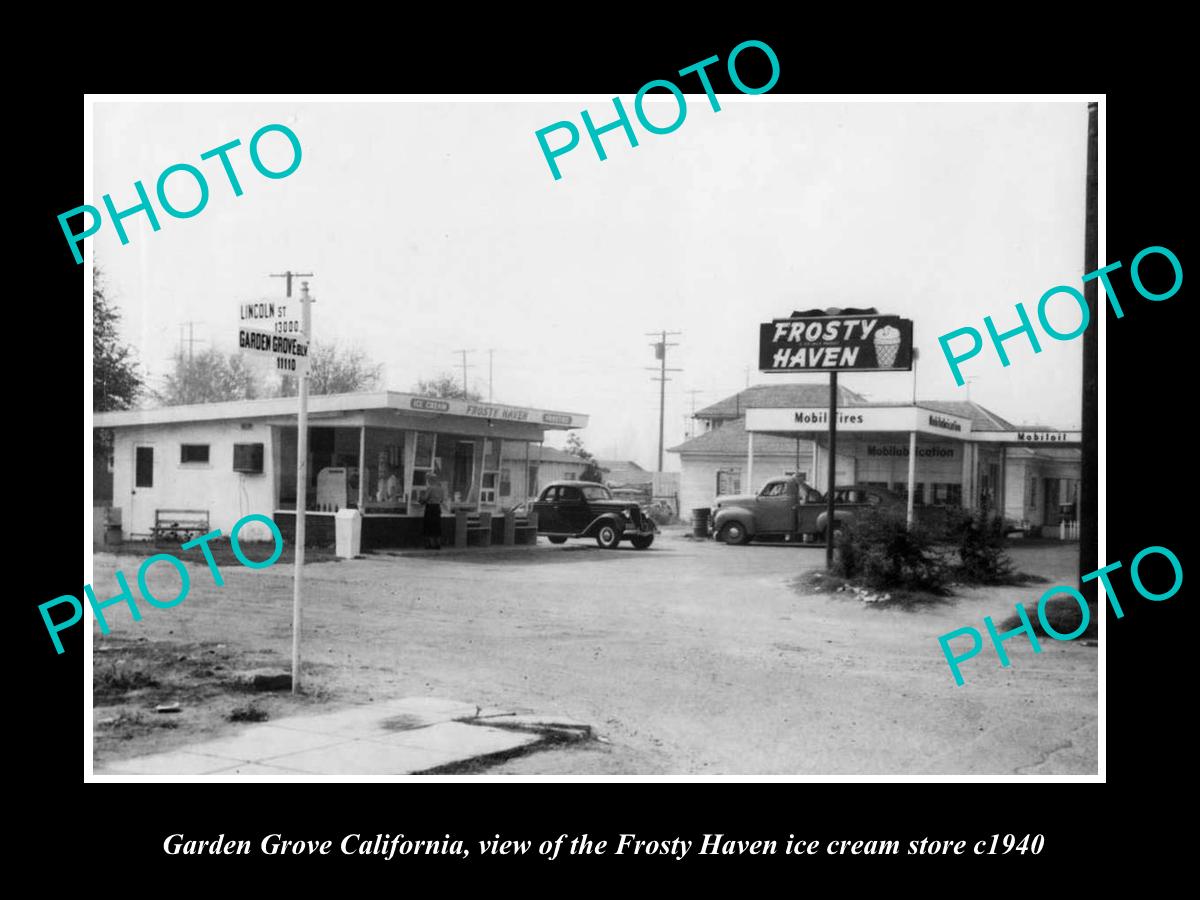 OLD HISTORIC PHOTO OF GARDEN GROVE CALIFORNIA, FROSTY HAVEN ICE CREAM STORE 1940