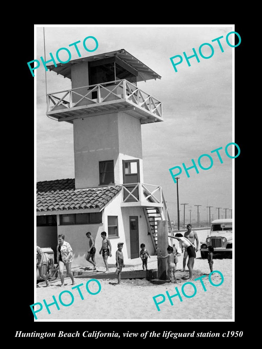 OLD LARGE HISTORIC PHOTO OF HUNTINGTON BEACH CALIFORNIA LIFEGUARD STATION c1950