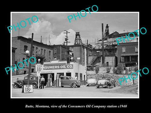 OLD LARGE HISTORIC PHOTO BUTTE MONTANA, THE CONSUMERS OIL GAS STATION c1940