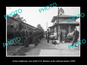 OLD LARGE HISTORIC PHOTO OF IRVINE CALIFORNIA, MARINES AT RAILROAD DEPOT c1950