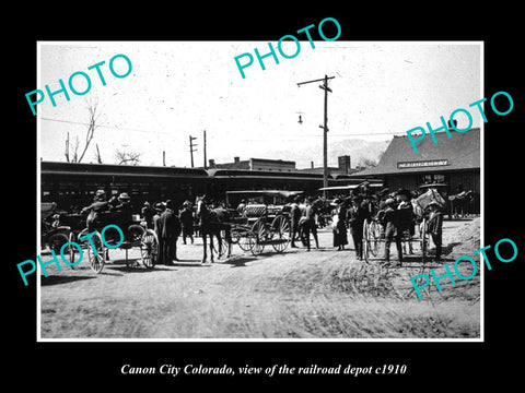 OLD LARGE HISTORIC PHOTO OF CANON CITY COLORADO, THE RAILROAD DEPOT c1910