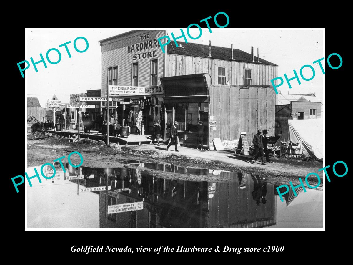 OLD LARGE HISTORIC PHOTO OF GOLDFIELD NEVADA, THE HARDWARE & DRUG STORE c1900